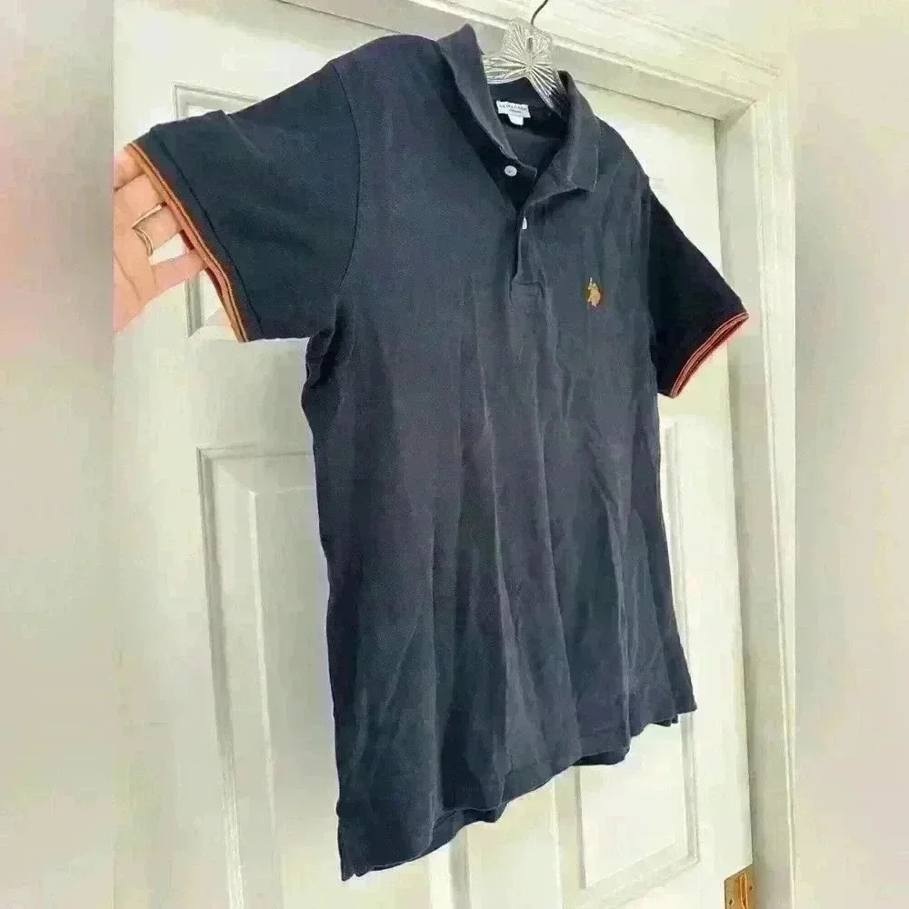US Polo ASSN Navy Blue/ Orange Short Sleeve Polo Shirt Pony Cotton Casual